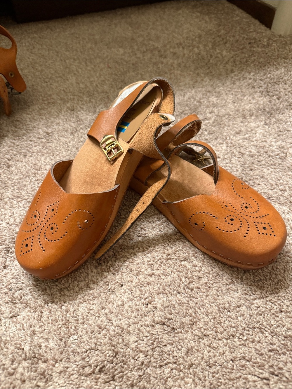 Women's Tan Leather Slingback Clog with Perforated Detail